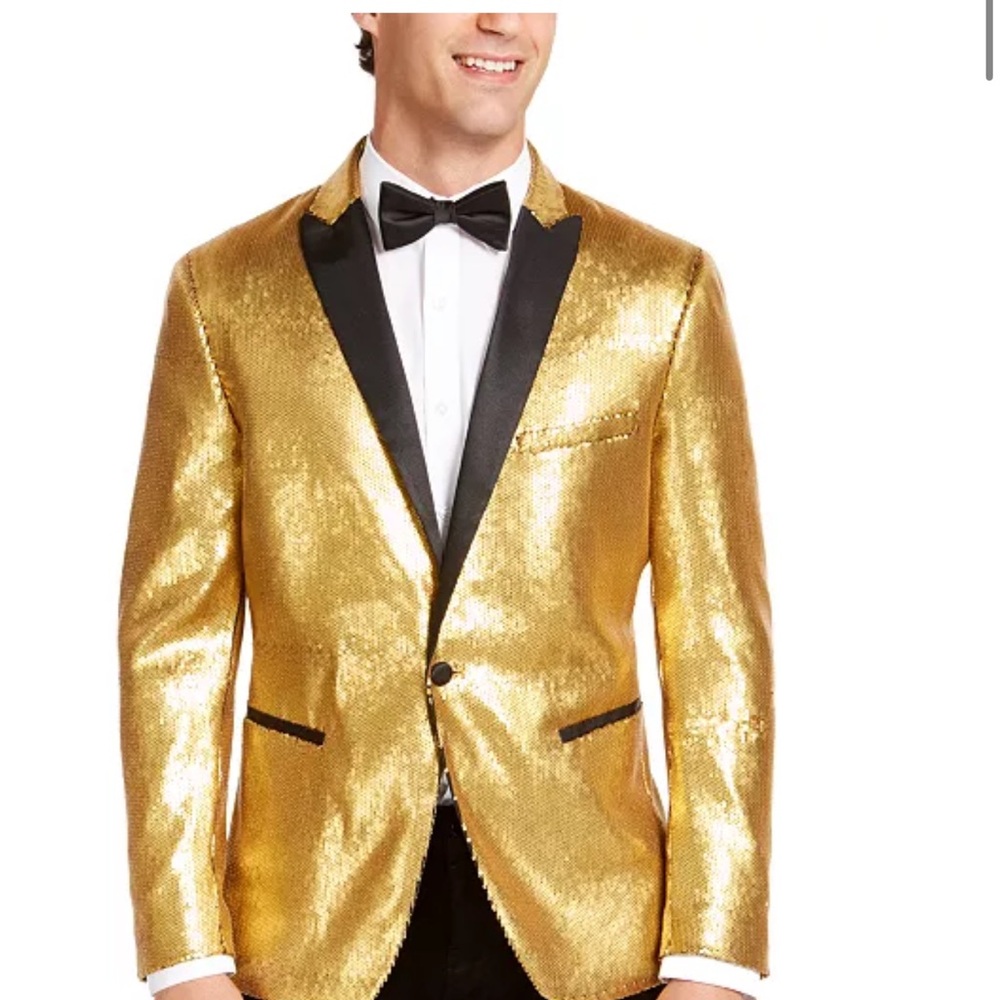 INC International Concepts Gold Sequin Tuxedo Jacket Suit Coat Blazer XL Slim Ft